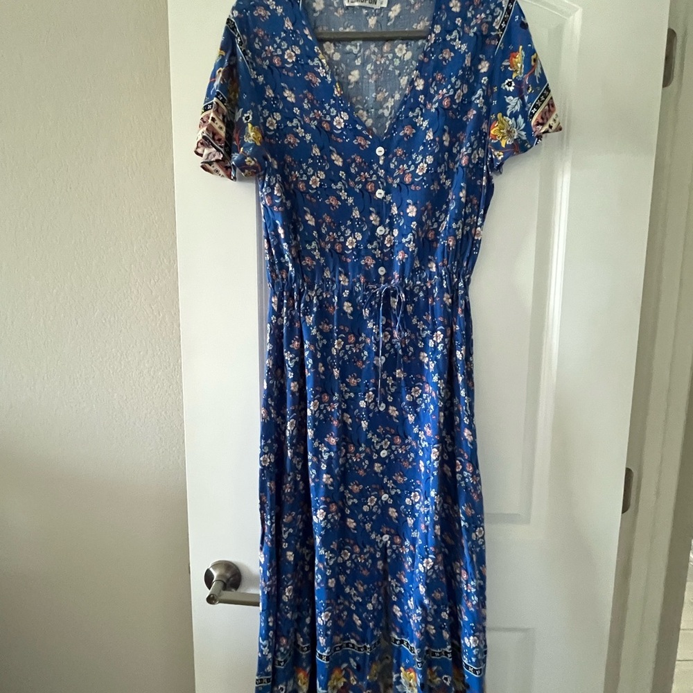 💐Boho Floral V-Neck Blue Maxi~ Dress with Drawstring Waist🦋